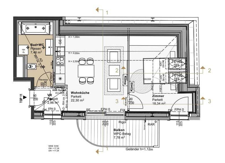 Grundriss einer Wohnung mit Wohnküche, Zimmer, Bad und Balkon.