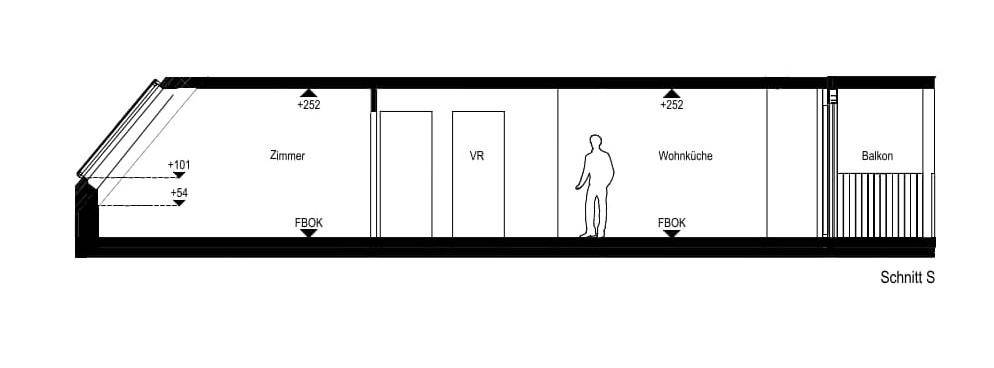 Schnittansicht eines Grundrisses mit Zimmern, Wohnküche und Balkon.