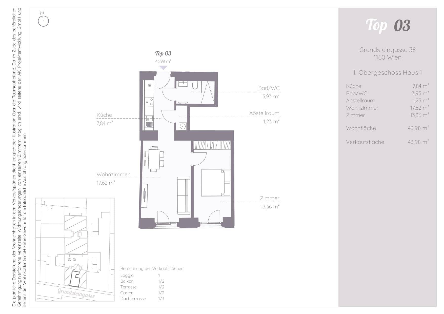 Grundriss der Wohnung Top 03 im ersten Obergeschoss mit Küche, Wohnzimmer und Schlafzimmer.