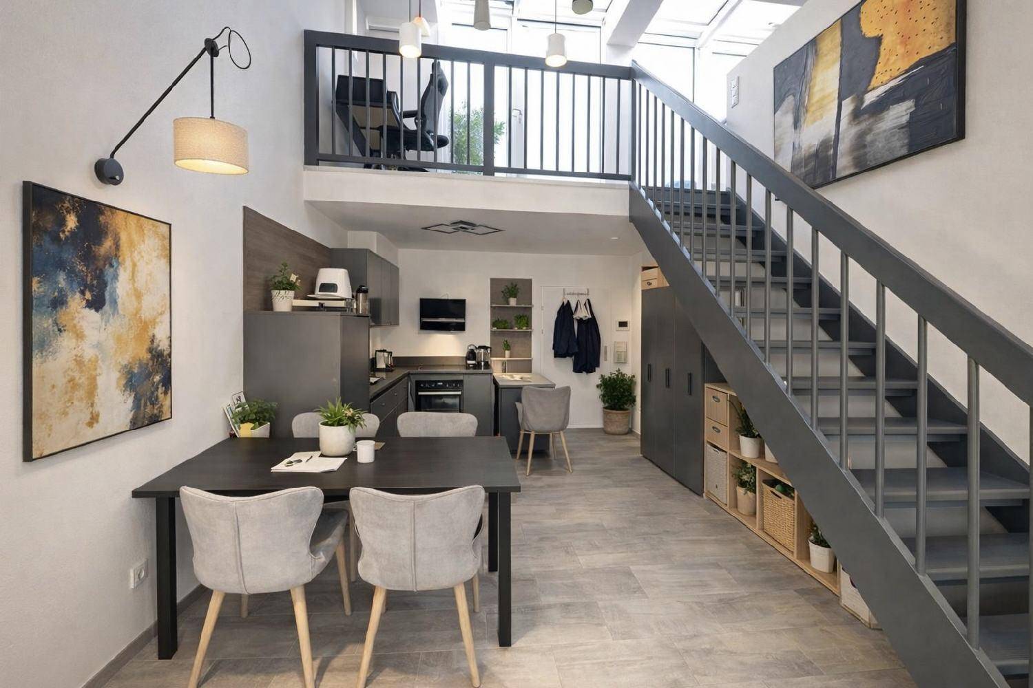 Moderner offener Wohnbereich mit Essplatz, integrierter Küche und Treppe zur Galerieebene.