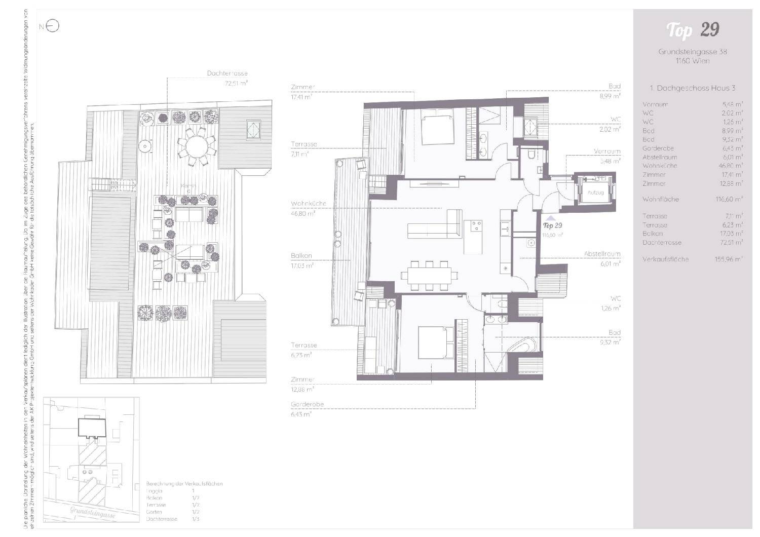 Grundriss der Wohnung Top 29 mit zwei Ebenen, mehreren Zimmern und großzügigen Terrassenflächen.