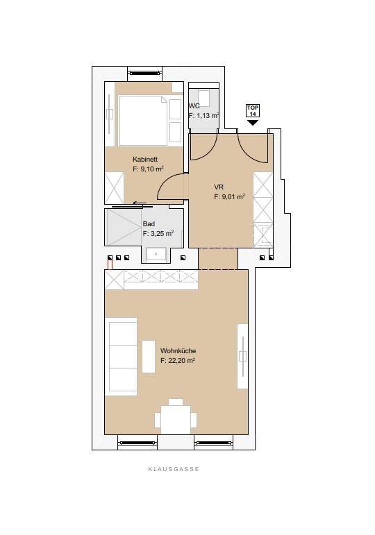 Detaillierter Grundriss einer Wohnung mit Wohnküche, Bad, WC und separatem Kabinett.