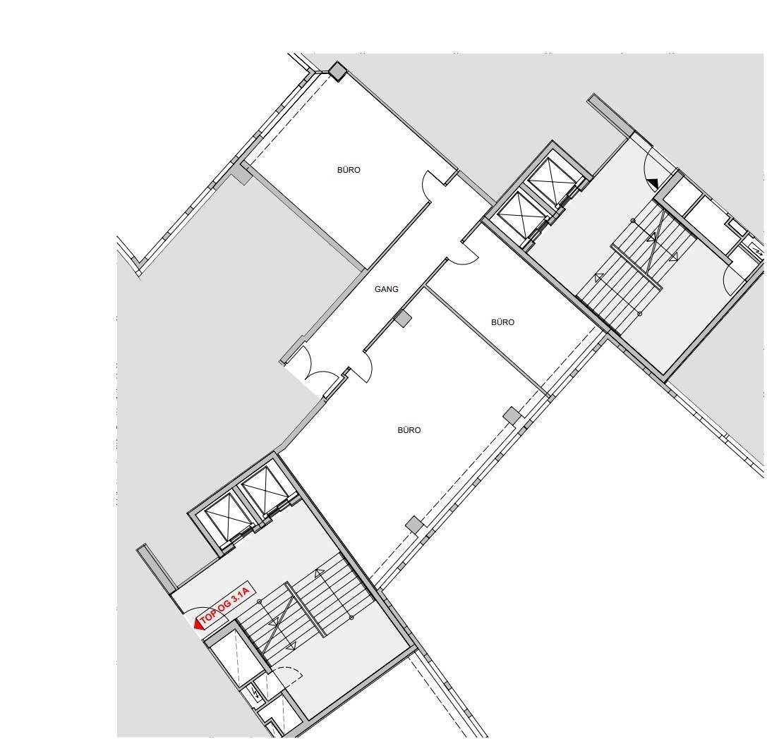 Ausschnitt eines Büro-Grundrisses mit drei Büroräumen, einem Flur und den Zugängen zu den vertikalen Erschließungen.