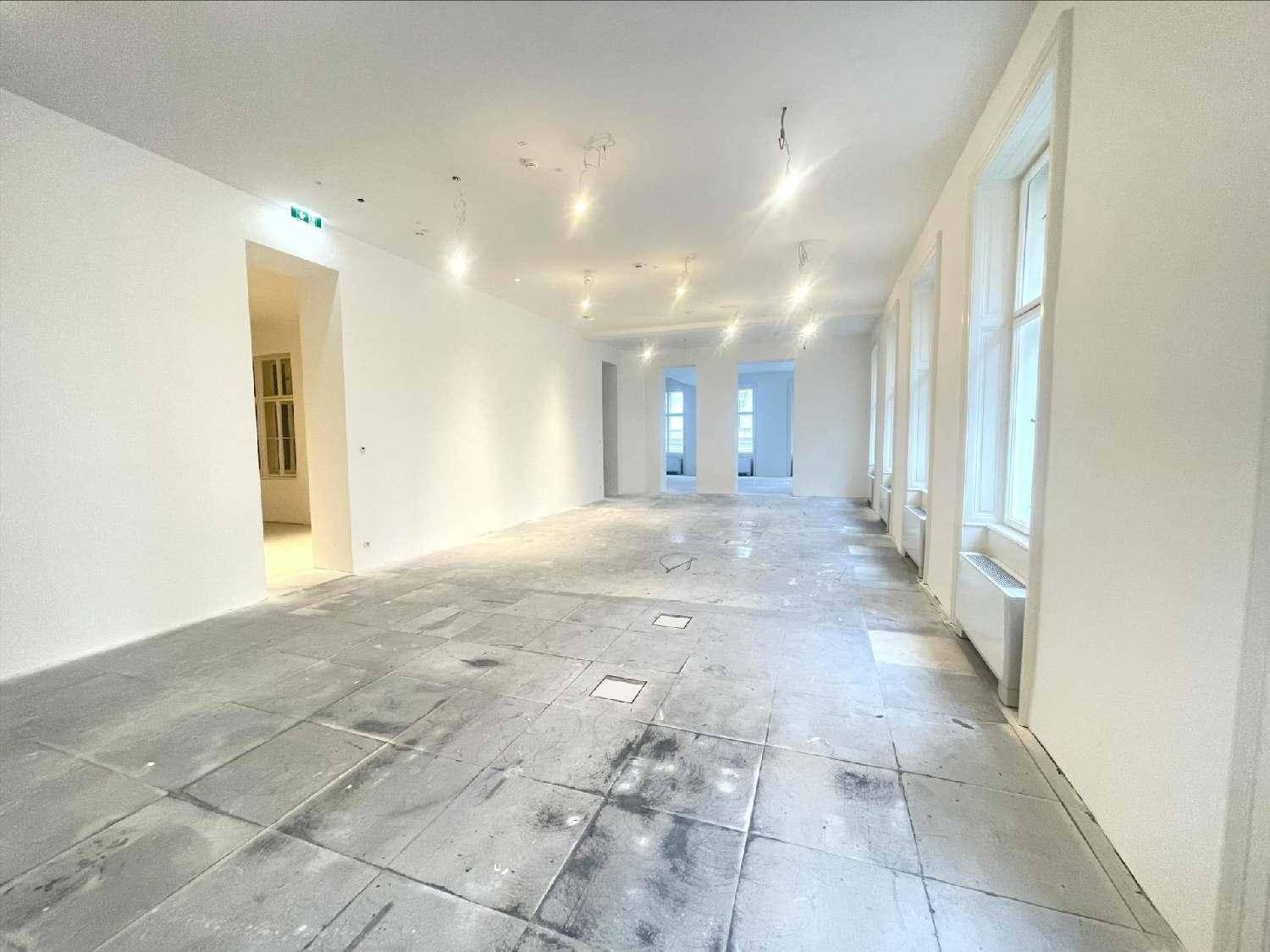 Großer, leerer Büroraum mit vielen Fenstern und Betonboden, ideal für eine offene Bürogestaltung.