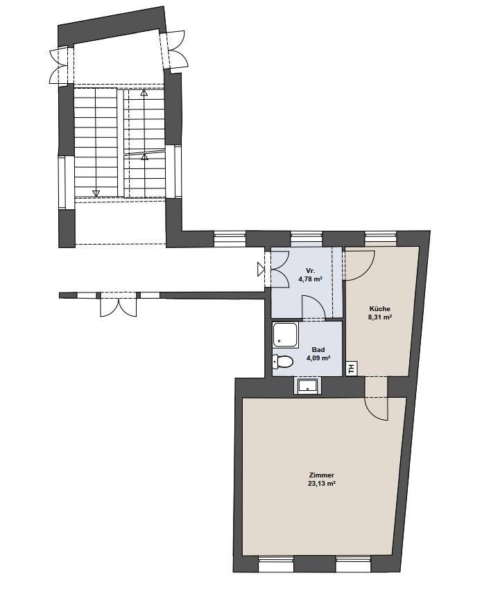 Grundriss einer Wohnung mit Zimmer, Küche, Bad und Vorraum, inklusive Flächenangaben.