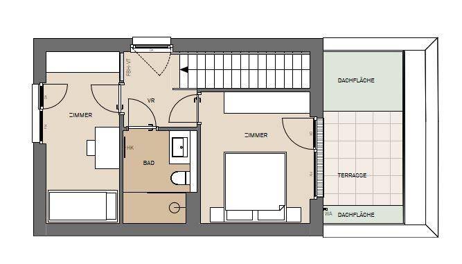 Grundriss des Obergeschosses mit zwei Schlafzimmern, Bad und Dachterrasse.