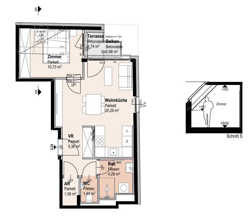 Grundriss einer Wohnung mit offener Wohnküche, Schlafzimmer, Bad, separatem WC, Abstellraum, Terrasse und Balkon.