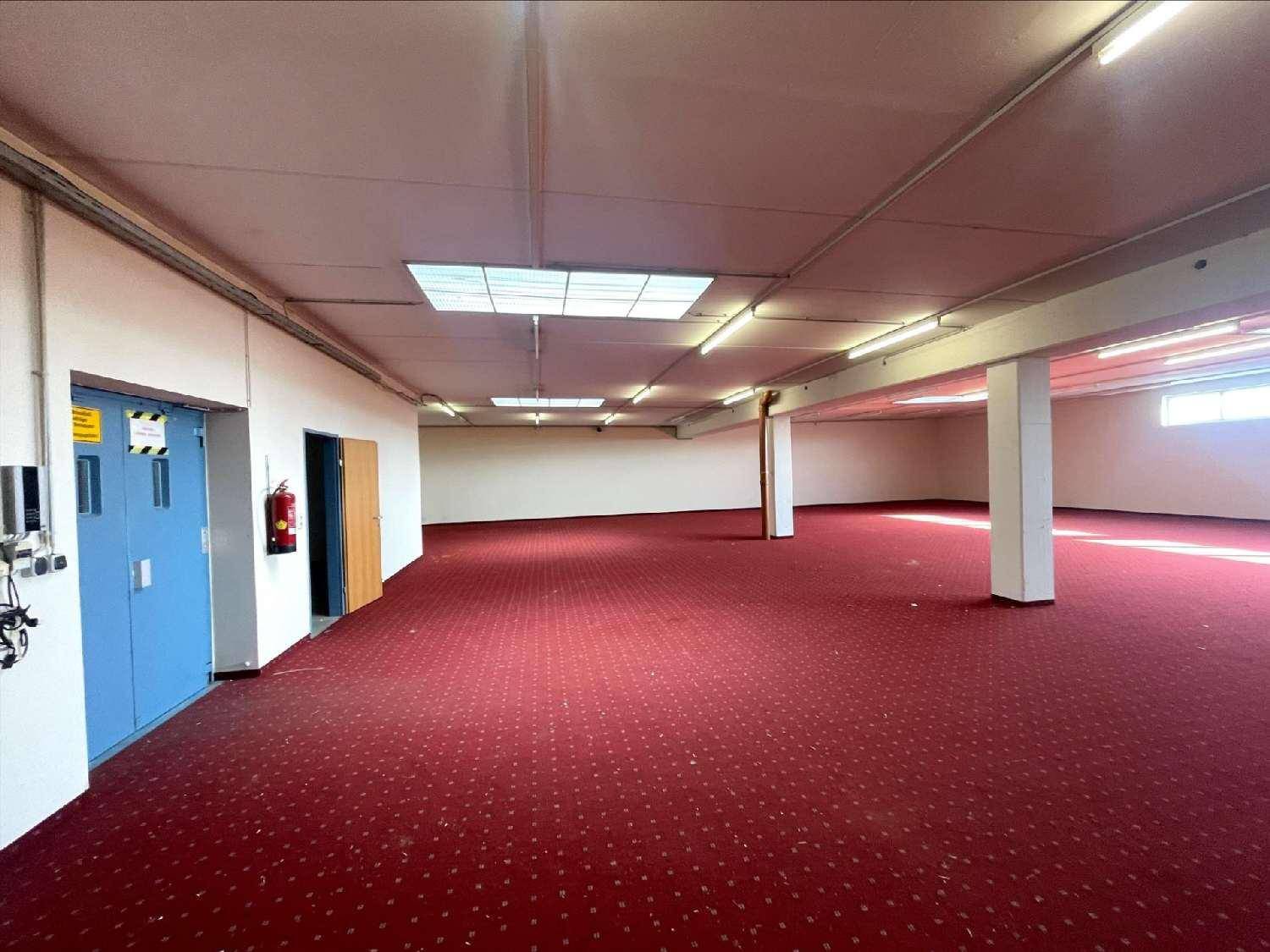 Großer, leerer Raum mit rotem Teppichboden, Leuchtstoffröhren und einem Oberlicht.