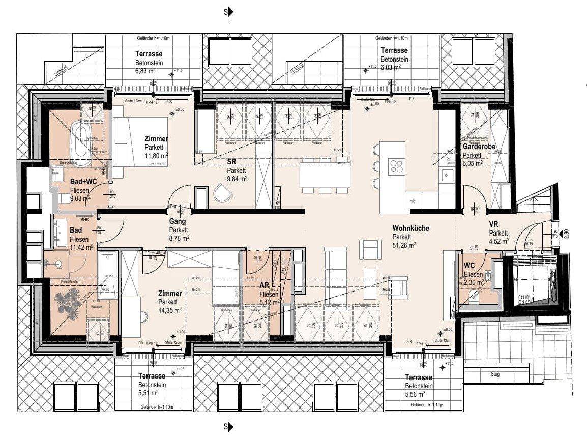 Grundriss einer Wohnung mit offener Wohnküche, Schlafzimmern, Abstellraum und mehreren Terrassen.