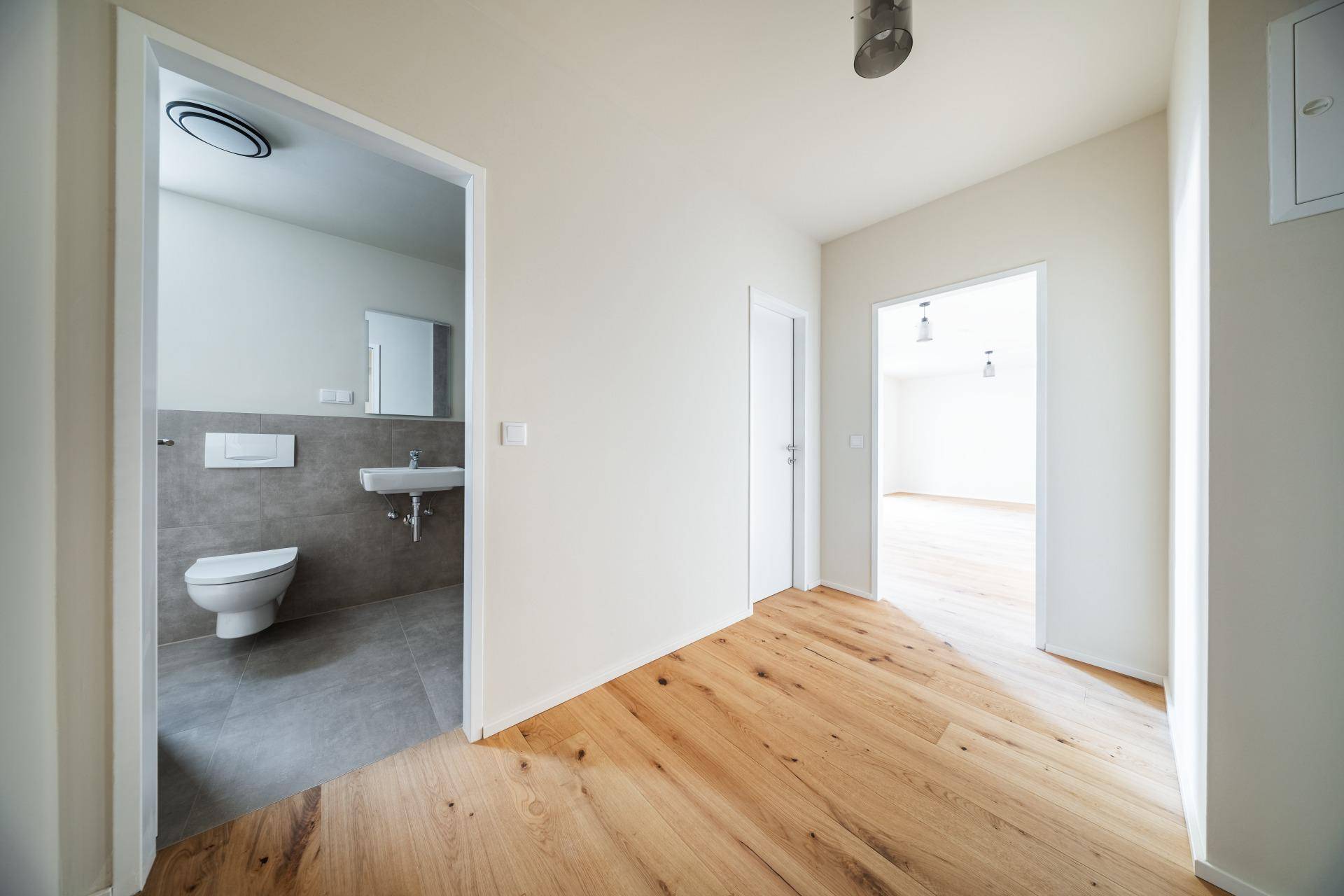 Heller Flur mit Holzboden und Zugang zu einem modernen Badezimmer mit WC und Waschbecken.