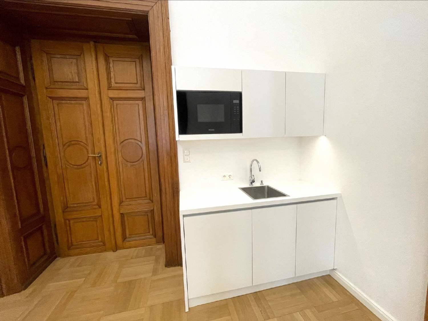 Moderne, kompakte Küchenzeile mit weißer Arbeitsplatte, Spüle und integrierter Mikrowelle neben einer Holztür.
