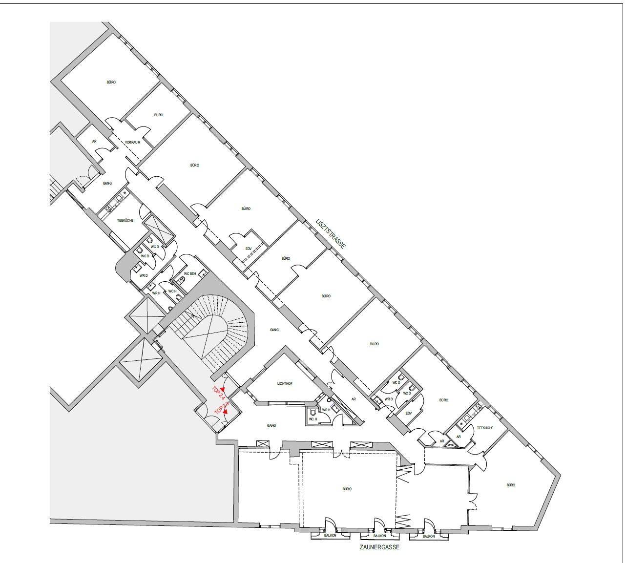Detaillierter Grundriss mit mehreren Büroräumen, Fluren, Treppenhaus und Sanitäranlagen.