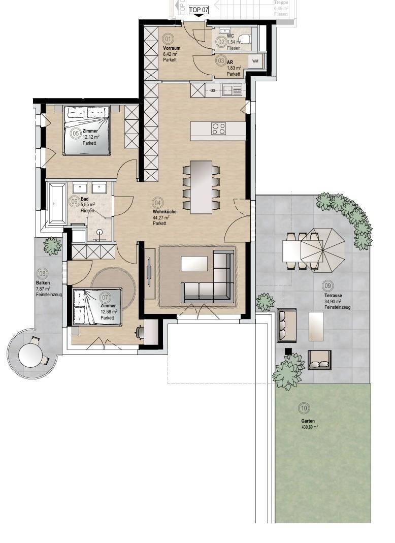 Grundriss einer Wohnung mit offener Wohnküche, zwei Schlafzimmern, Bad, Balkon, Terrasse und Garten.