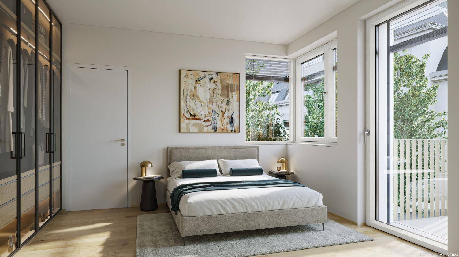 Modernes Schlafzimmer mit Doppelbett, integriertem Kleiderschrank und Zugang zu einem Balkon mit Blick ins Grüne.