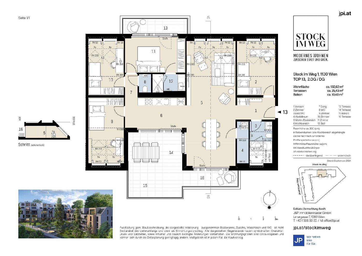 Detaillierter Grundriss einer Wohnung mit 132,62 m² Wohnfläche und Terrasse.