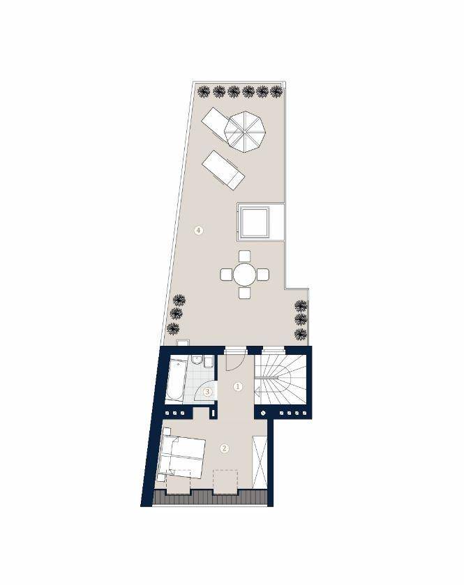 Grundrissplan zeigt eine Ebene mit Schlafzimmer, Bad und einer großen Dachterrasse mit Whirlpool und Sitzbereich.