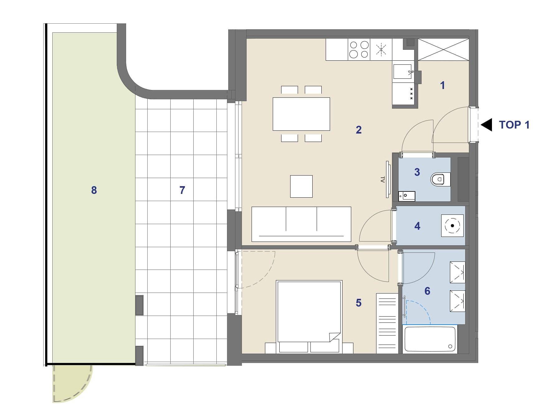 Grundriss einer Wohnung mit offenem Wohnbereich, zwei Bädern, Schlafzimmer, Terrasse und Garten.
