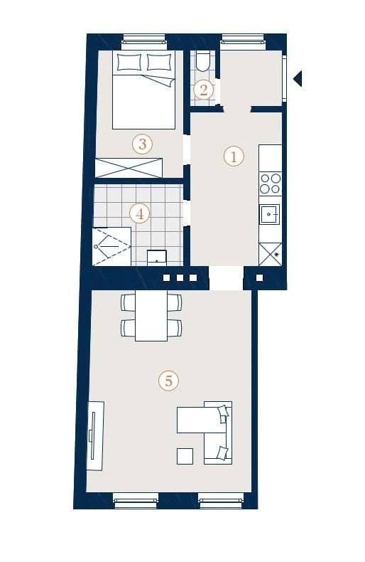 Grundriss einer Wohnung mit Schlafzimmer, Bad, Küche und offenem Wohn-Essbereich.