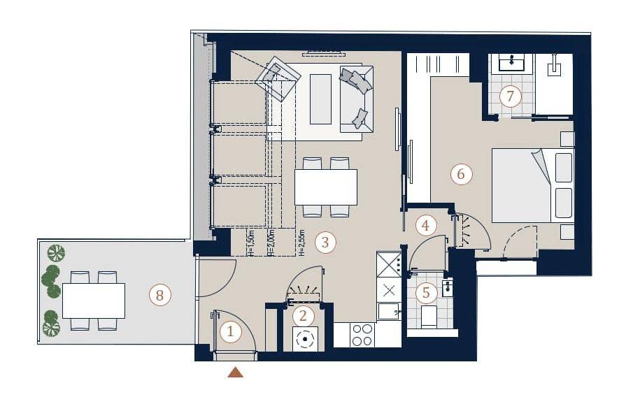 Grundriss einer Wohnung mit offenem Wohnbereich, Schlafzimmer, Bad, Gäste-WC und Terrasse.