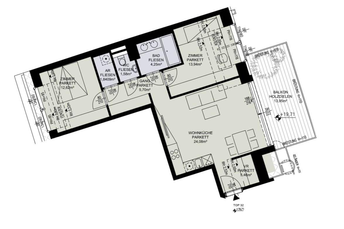 Grundriss einer Wohnung mit Wohnküche, Schlafzimmern, Bad und Balkon.