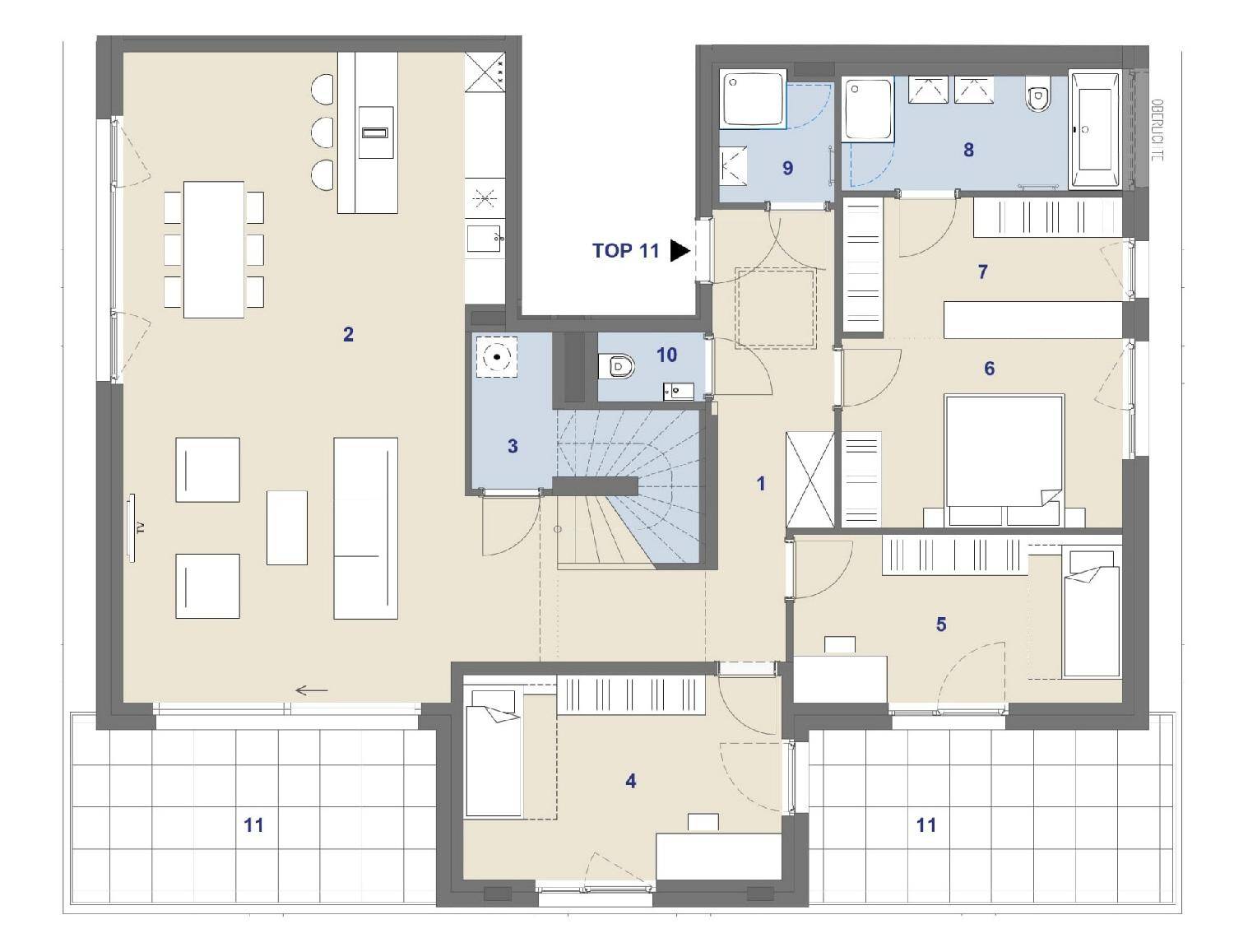 Detaillierter Grundriss einer Wohnung mit offenem Wohnbereich und mehreren Zimmern.