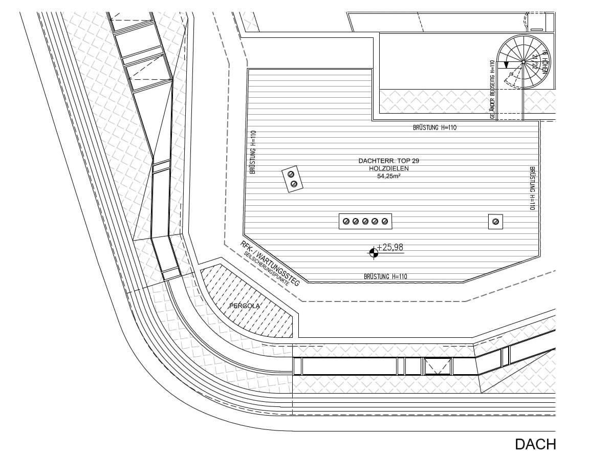 Grundriss der Dachterrasse mit Holzbelag, Pergola und Zugang über eine Wendeltreppe.