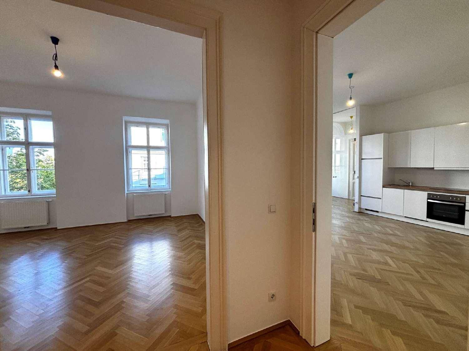 Blick vom Flur in zwei helle Räume, einer davon mit integrierter Küchenzeile.