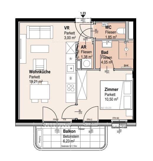 Dieser Grundriss zeigt eine Wohnung mit offener Wohnküche, einem Schlafzimmer, Bad, separatem WC und einem Balkon.