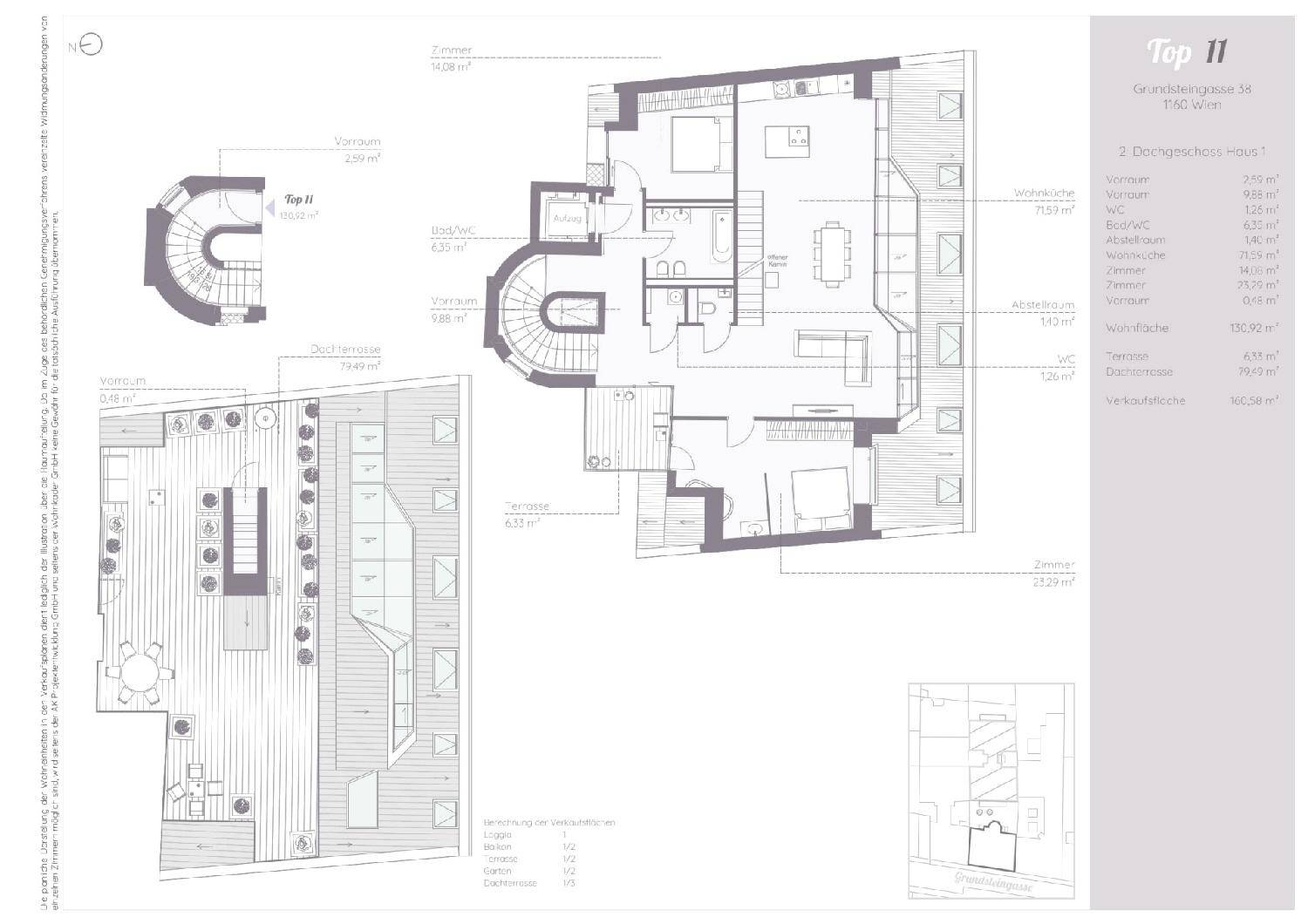 Detaillierter Grundriss der Wohnung Top 11 mit Dachterrasse und offenem Wohnbereich.