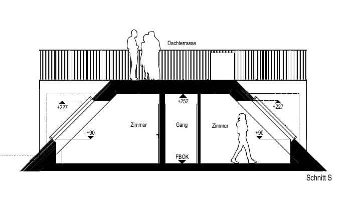 Schnittansicht eines Dachgeschosses mit Zimmern und direktem Zugang zu einer Dachterrasse.
