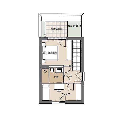 Grundriss des Obergeschosses mit Schlafzimmern, Badezimmer und einer Dachterrasse.