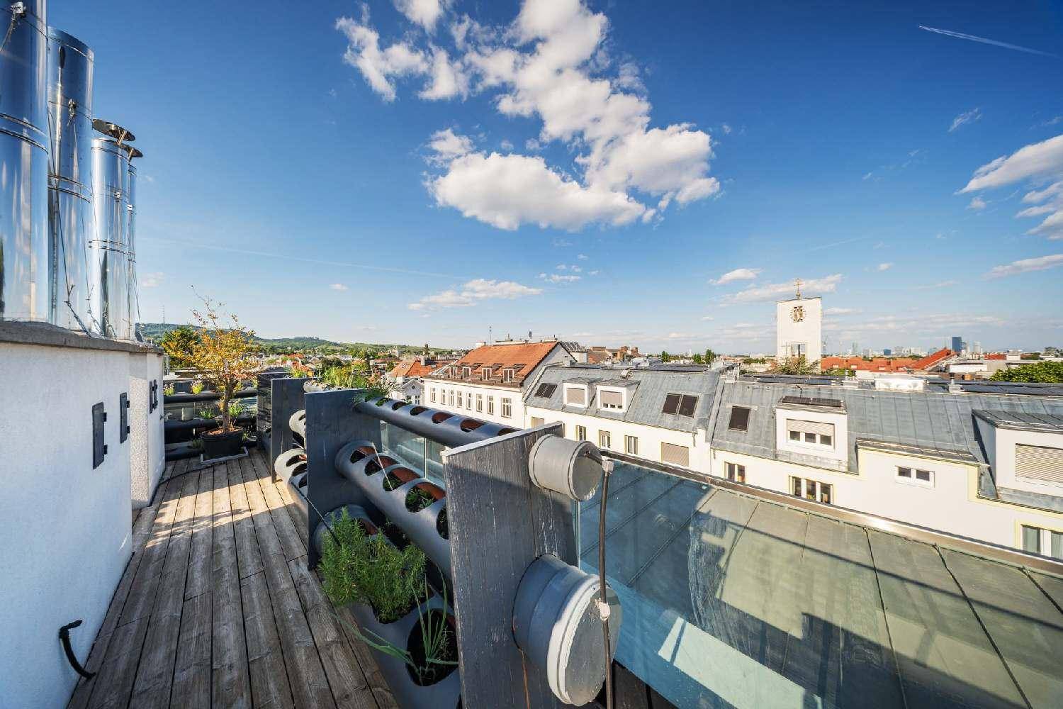 Dachterrasse mit vertikalem Garten und weitem Blick über die Dächer der Stadt.