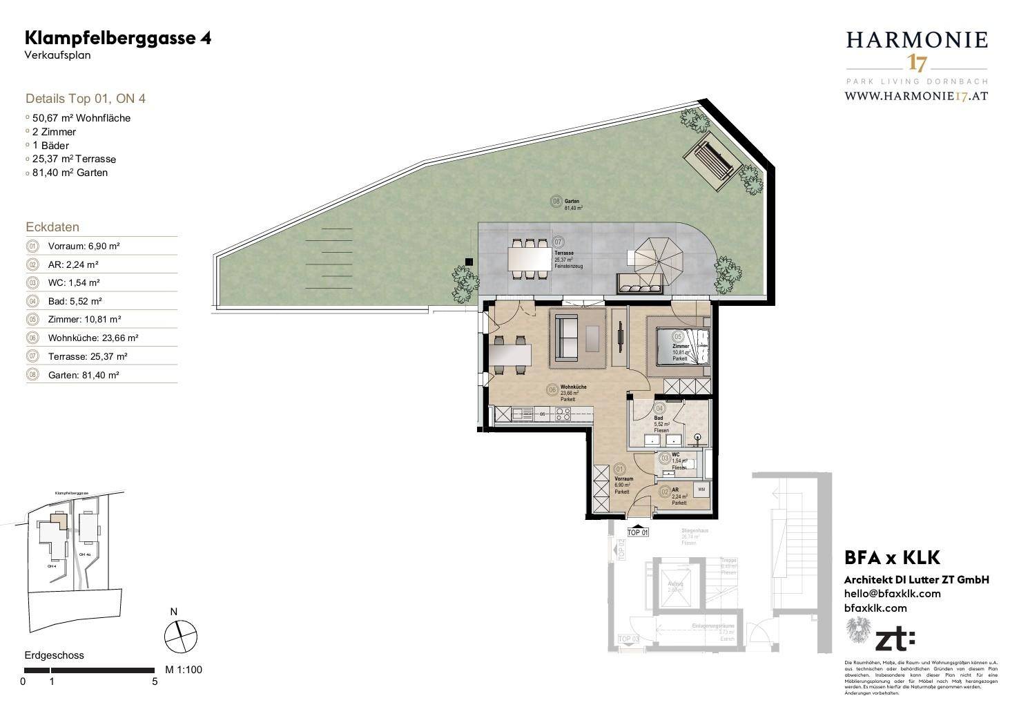 Verkaufsplan einer Wohnung mit offener Wohnküche, Terrasse und Gartenanteil.