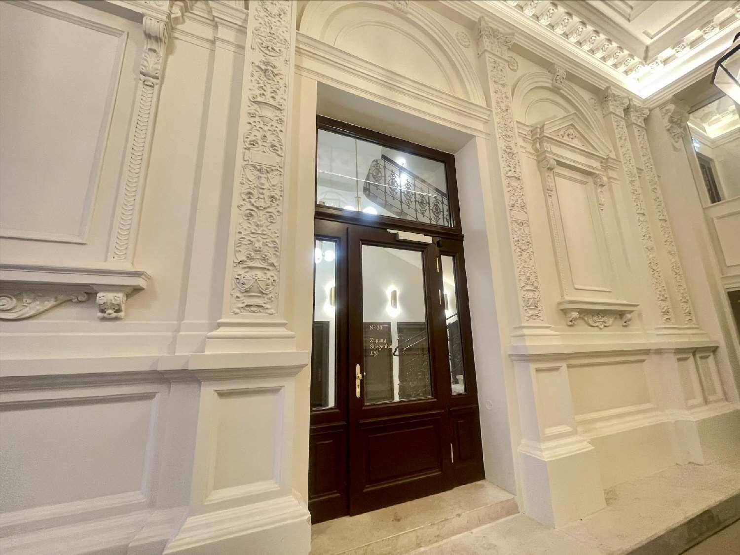 Elegante Eingangstür mit kunstvollen Stuckverzierungen und großen Fenstern, die den Blick auf das Treppenhaus freigeben.