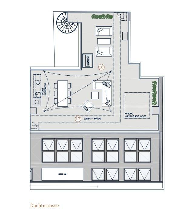 Detaillierter Grundriss einer großzügigen Dachterrasse mit Essbereich, Lounge-Bereich und optionalem Whirlpool.