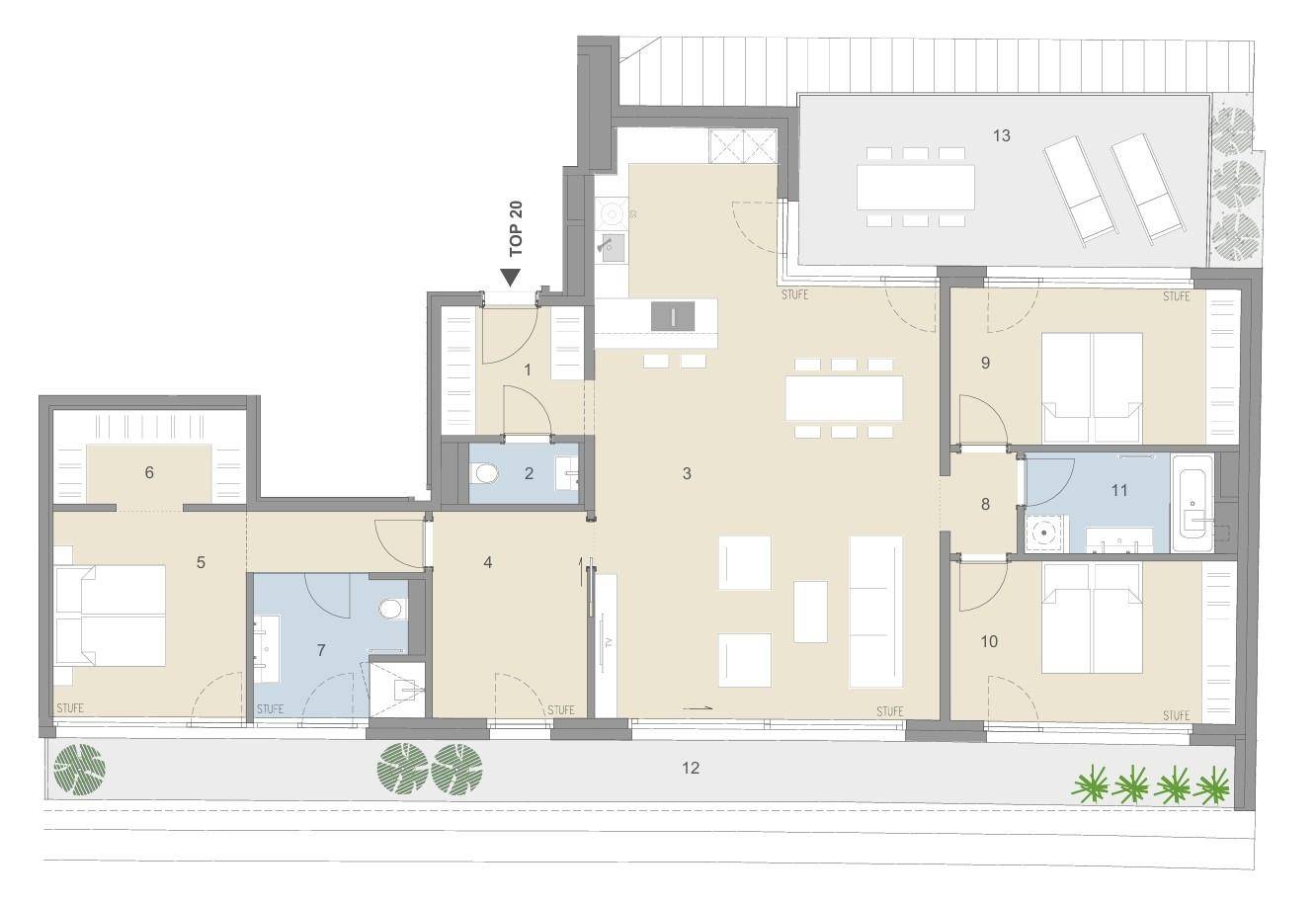 Detaillierter Grundriss mit mehreren Zimmern, großer Terrasse und Gartenbereich.