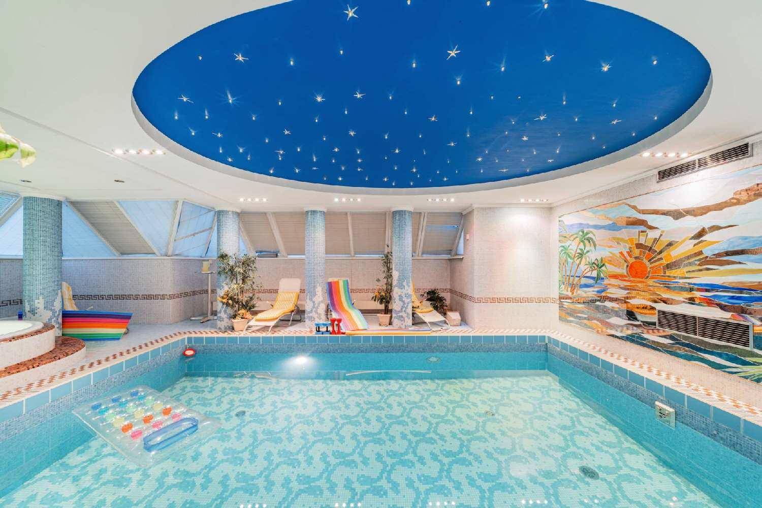 Geräumiger Innenpool mit Sternenhimmel-Decke und Mosaikwandbild, ideal für Entspannung und Sport.