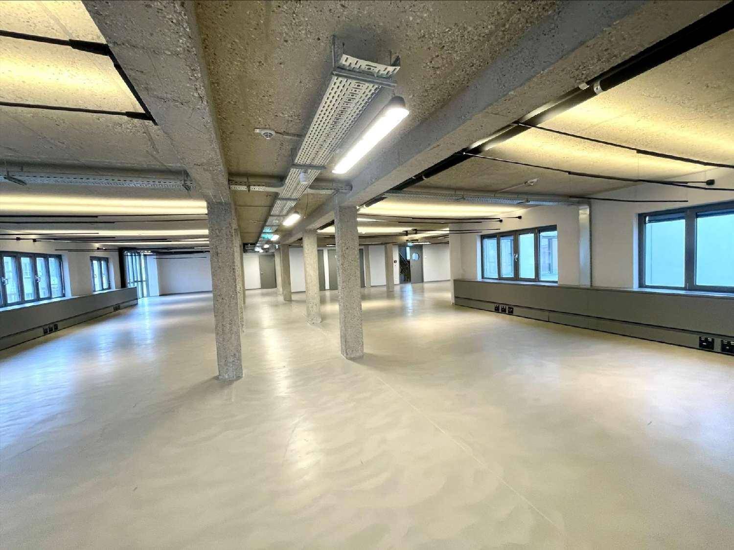 Geräumiger, offener Bürobereich mit Sichtbetondecke, Säulen und modernen Beleuchtungselementen.