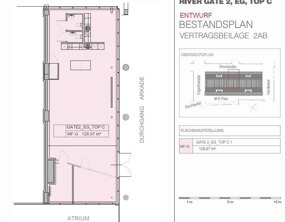 Grundrissplan eines Gewerberaums mit 128,97 m² und angrenzender Arkade.