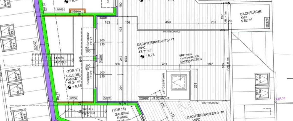 Detaillierter Grundriss mit Dachterrasse, Bemaßungen und Liftzugang.