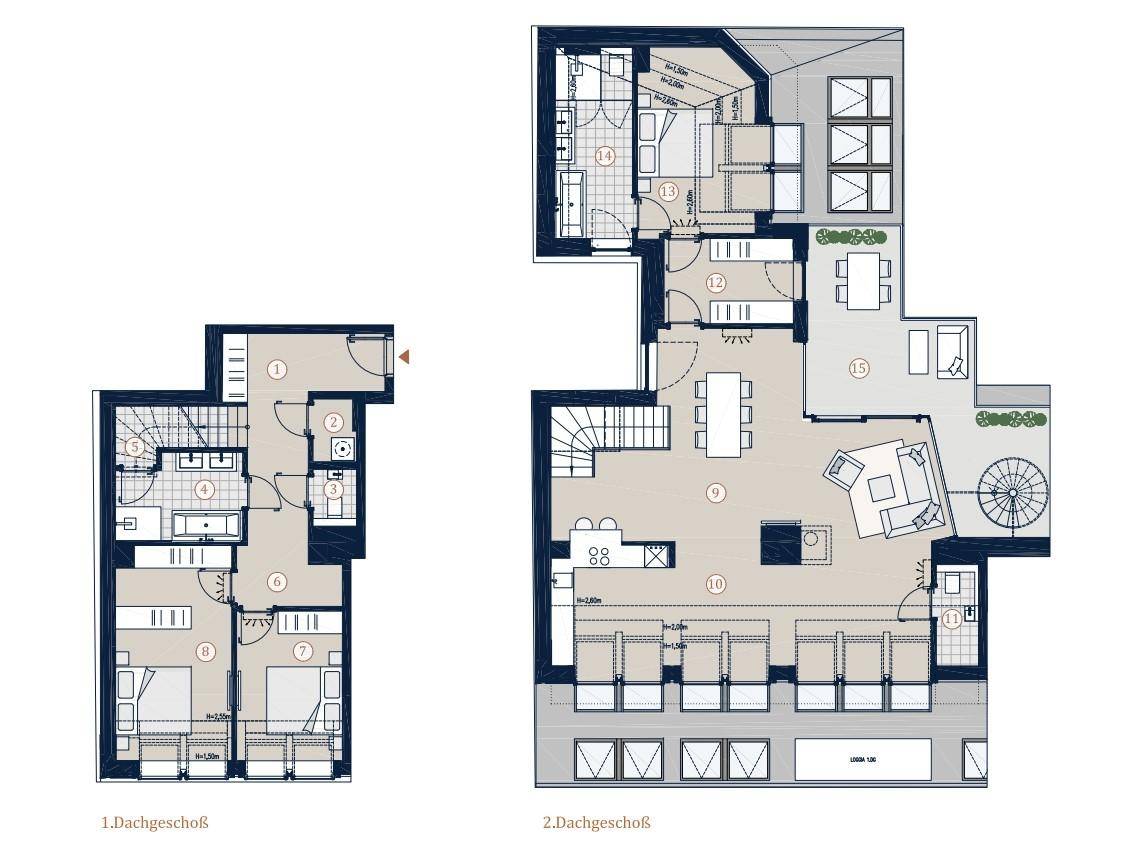 Grundriss einer Maisonette-Wohnung mit zwei Dachgeschossen, mehreren Zimmern und Zugang zu Außenbereichen.