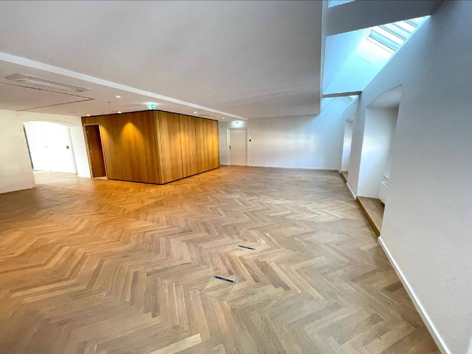 Großer, offener Raum mit Fischgrätparkett und einer modernen Holzwandstruktur.