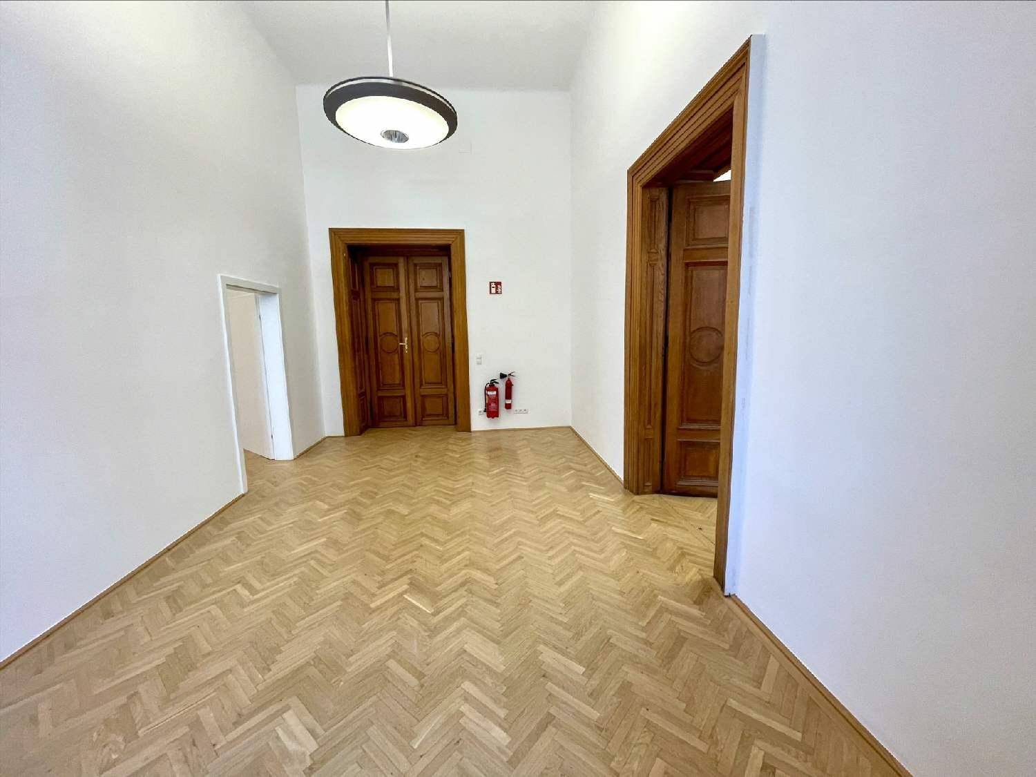 Leerer Raum mit Fischgrätparkett, hohen Holztüren und einem Feuerlöscher an der Wand.