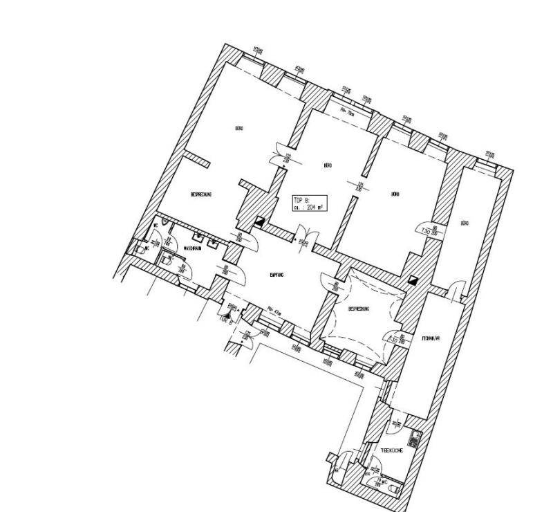 Grundriss einer Wohnung mit mehreren Zimmern und einem offenen Layout, das verschiedene Bereiche verbindet.