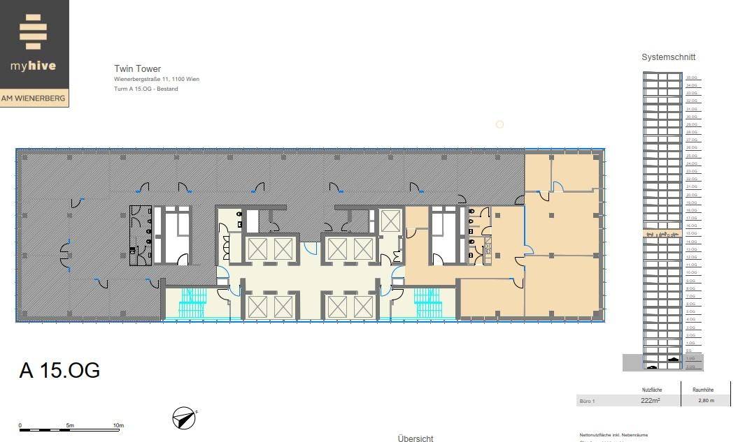 Grundriss des 15. Obergeschosses im Twin Tower, zeigt die Aufteilung der Büroflächen mit Sanitärbereichen und Erschließungskernen.