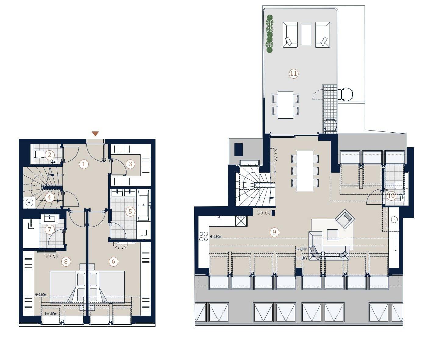 Detaillierter Grundriss einer Maisonette-Wohnung mit Dachterrasse und offenem Wohnbereich.