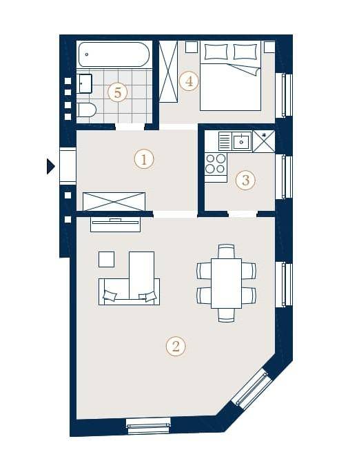 Grundriss einer Wohnung mit Wohnbereich, Schlafzimmer, Küche und Bad.