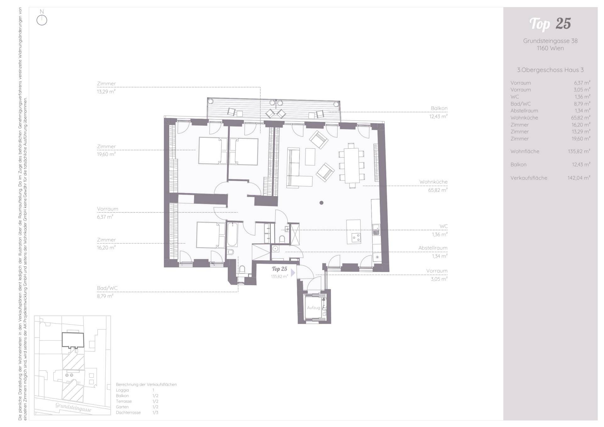 Detaillierter Grundriss der Wohnung Top 25 mit mehreren Zimmern und einem Balkon.