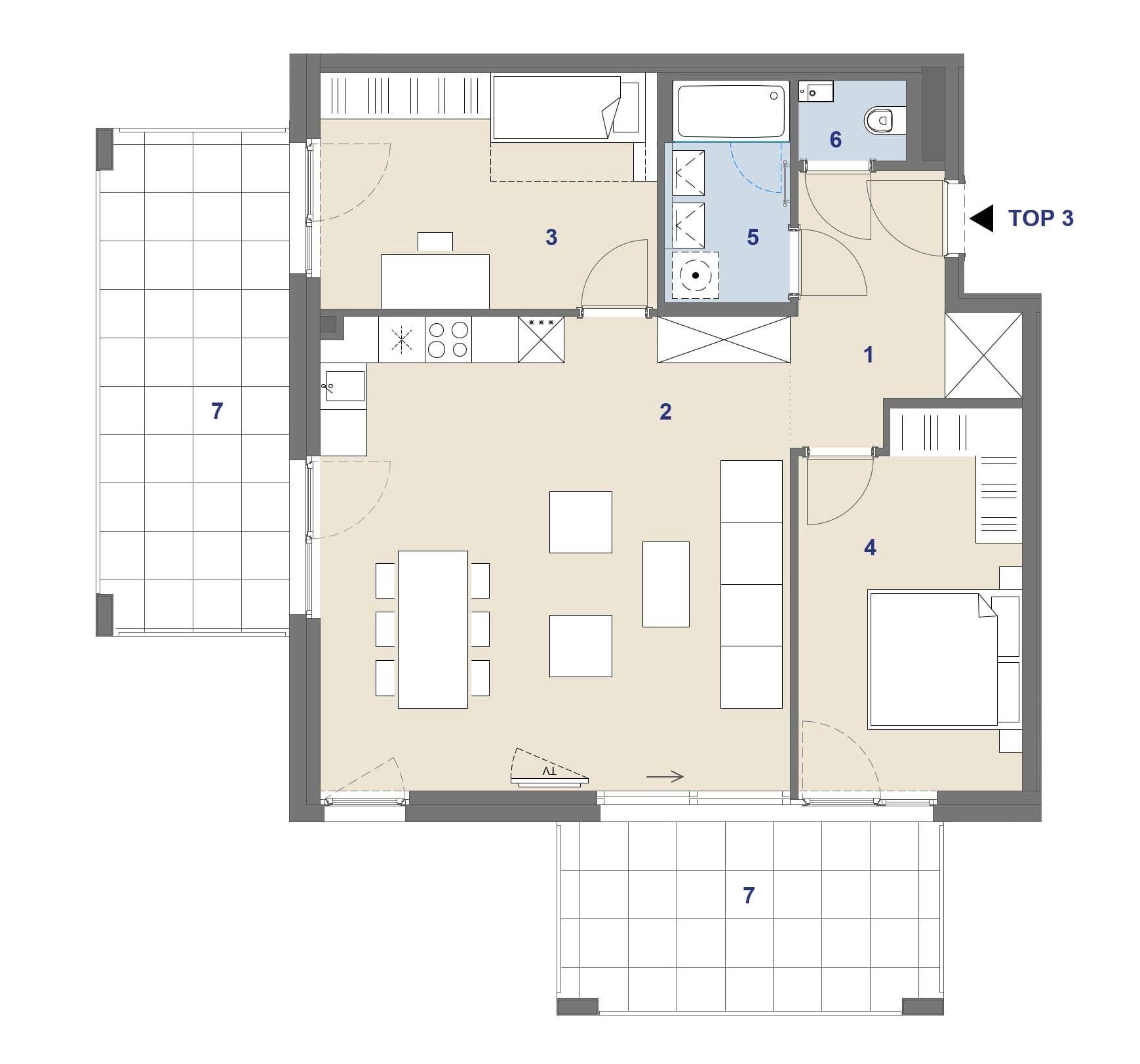 Übersichtlicher Grundriss einer Wohnung mit zwei Balkonen und offenem Wohnbereich.
