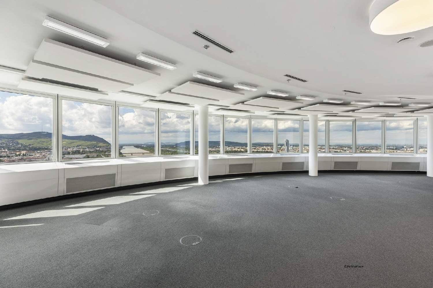 Heller Büroraum mit Teppichboden und einer Fensterfront, die einen Panoramablick auf die Umgebung ermöglicht.